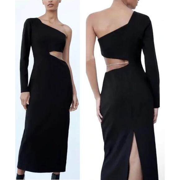 NWT Zara Asymmetric Cutout Midi Dress with Chain Accent Black Women's Size M - Picture 2 of 6